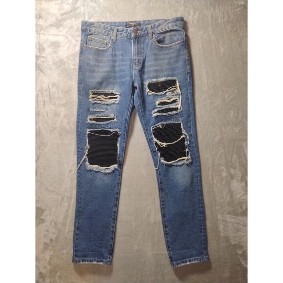 Streetwear Distressed Patch Work Mens 33×32 Straight Jeans By Forever 21 - Picture 1 of 11